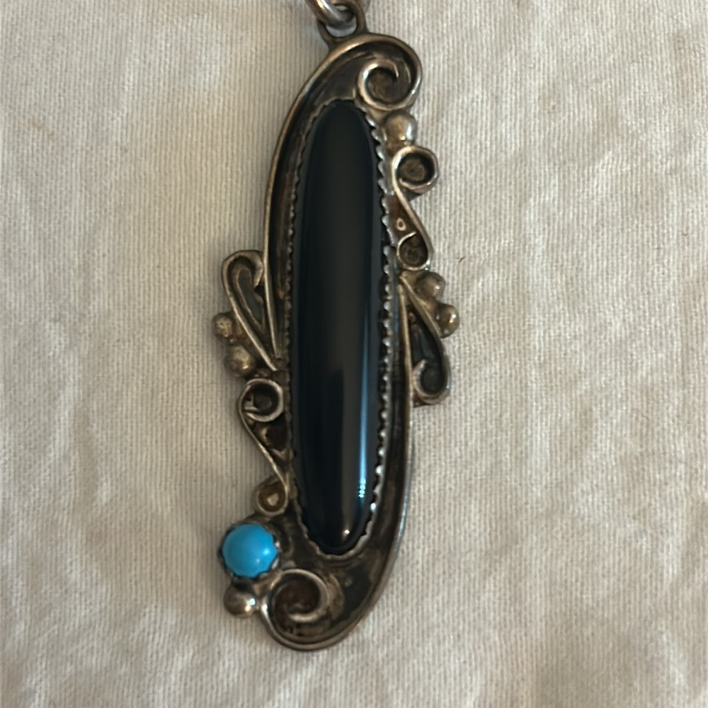 Vintage Signed Stamped Sterling Silver Onyx Turquoise Pendant Necklace - Picture 6 of 15